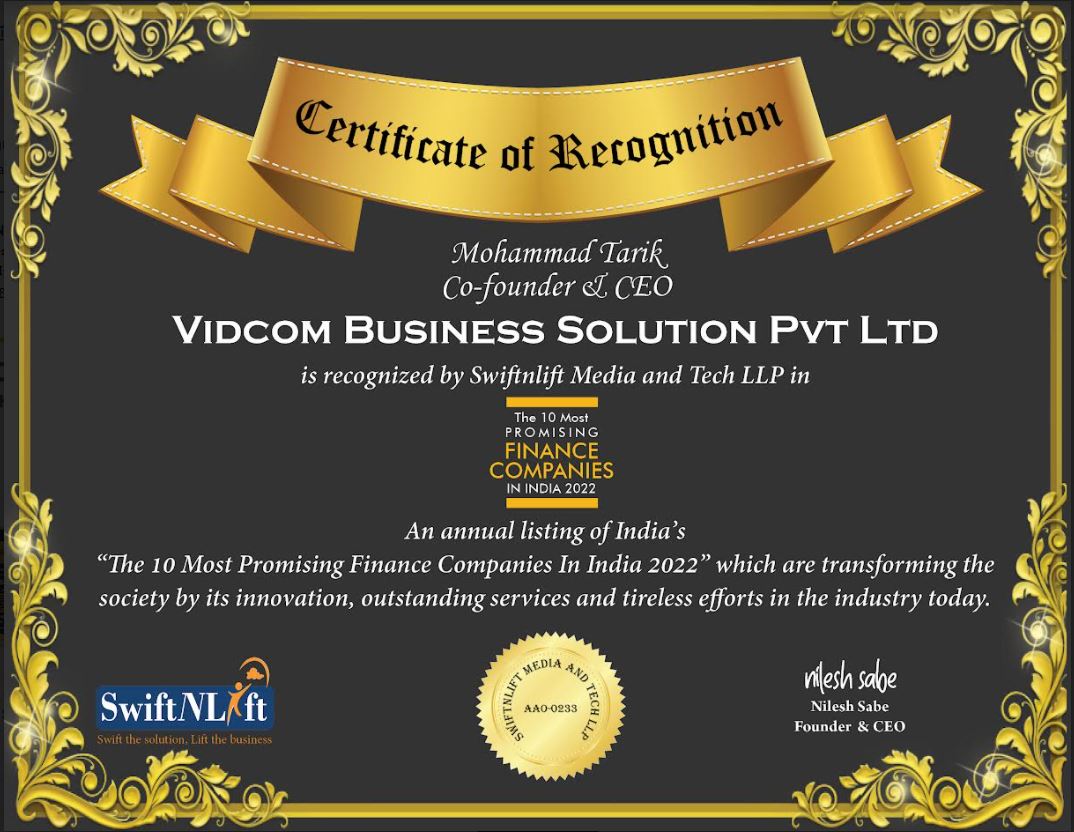 Certificate of Recognition for the 10 Most Promising Finance Companies in India 2022